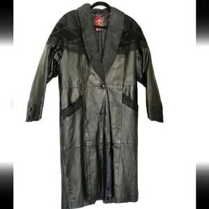 Vintage 90s Black Leather Long Coat Size M Petite